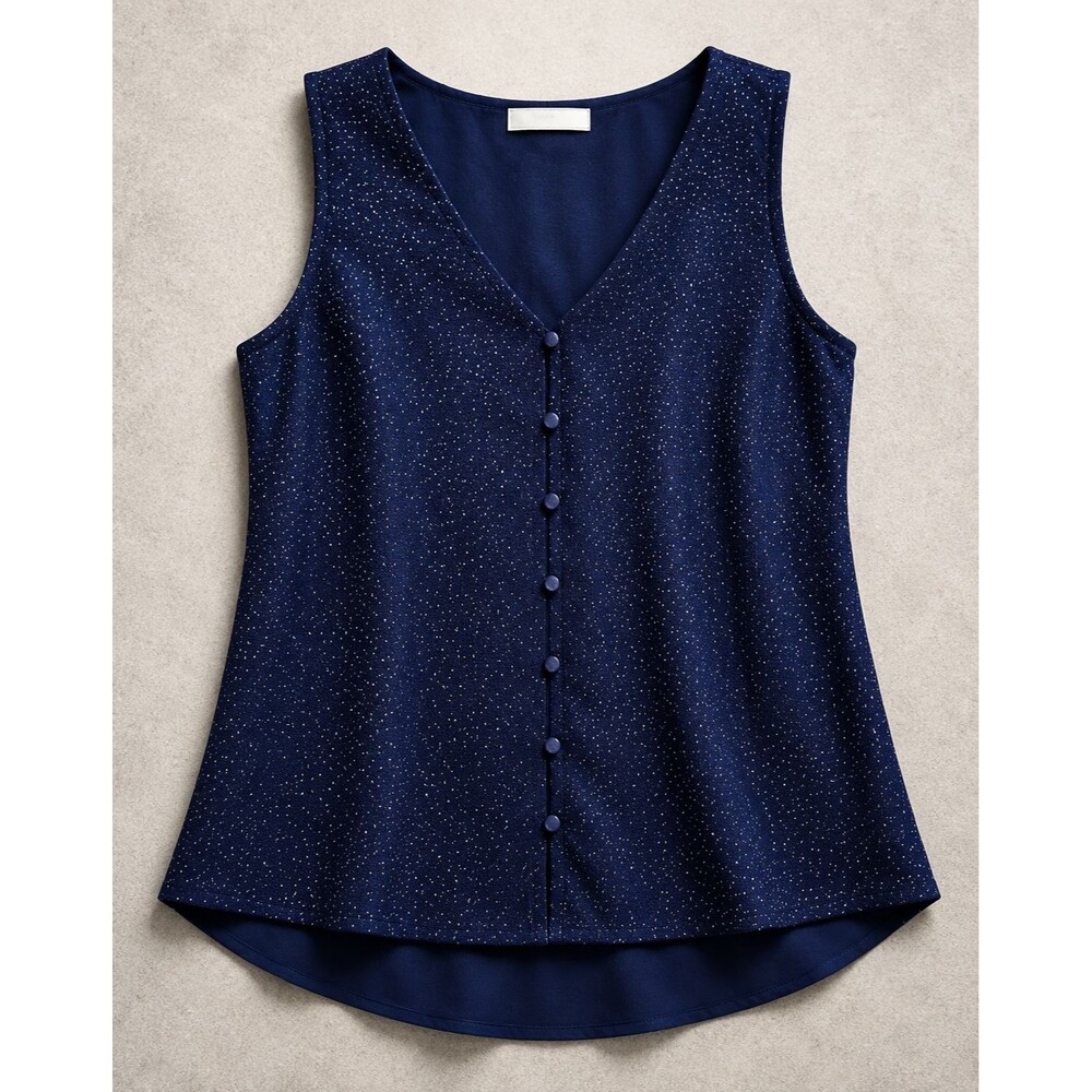 Notations Shimmer Blouse Navy Glitter Sleeveless Button Front Top Womens PM